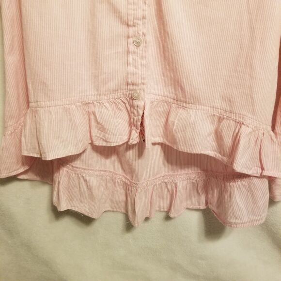 Flutterbye M Top Shirt Button Up Pink Striped 100% Cotton Roll Tab Sleeve Preppy - Picture 3 of 8